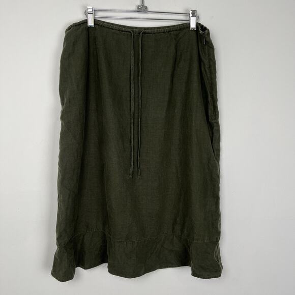 Gap Midi Skirt 14 Green Linen Tiered Beaded Drawstring Coastal Resort Peasant - Picture 1 of 6